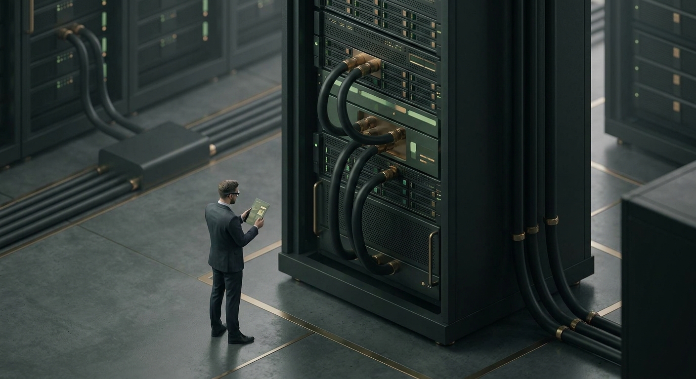 High-density liquid-cooled server rack in a modern data center