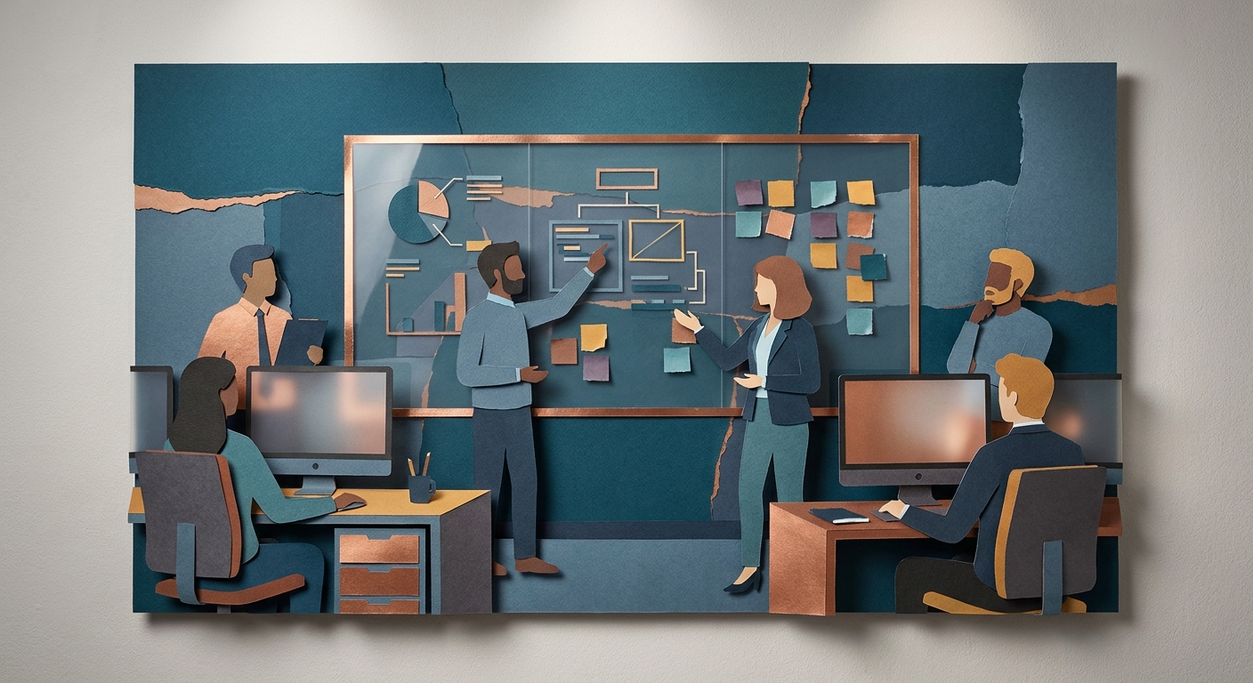 Professionals mapping out a CRM workflow on a glass whiteboard