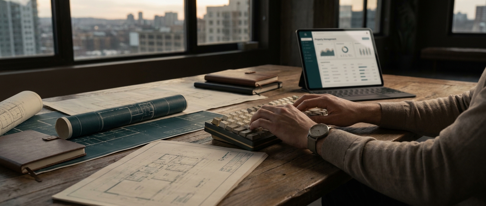 Operator reviewing property management documents