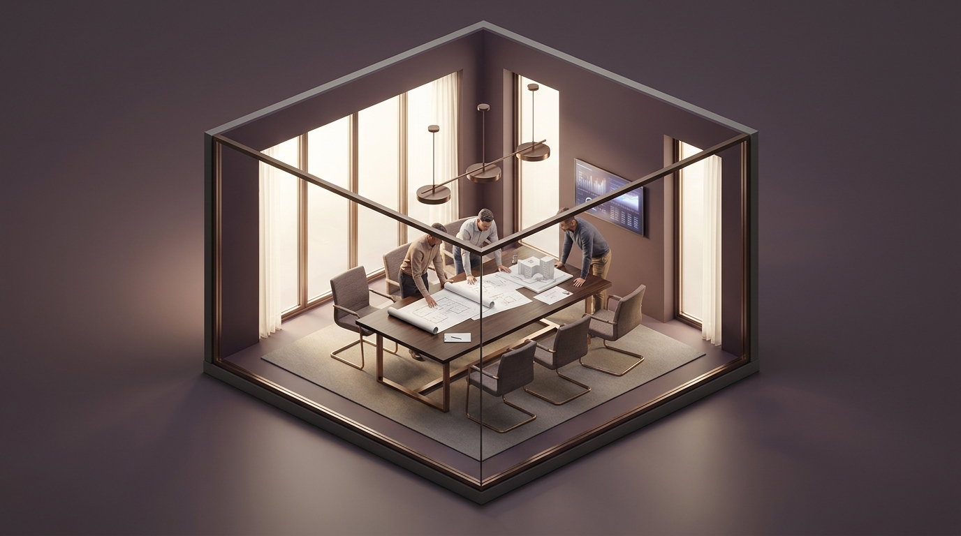 Executives reviewing blueprints in a modern boardroom.