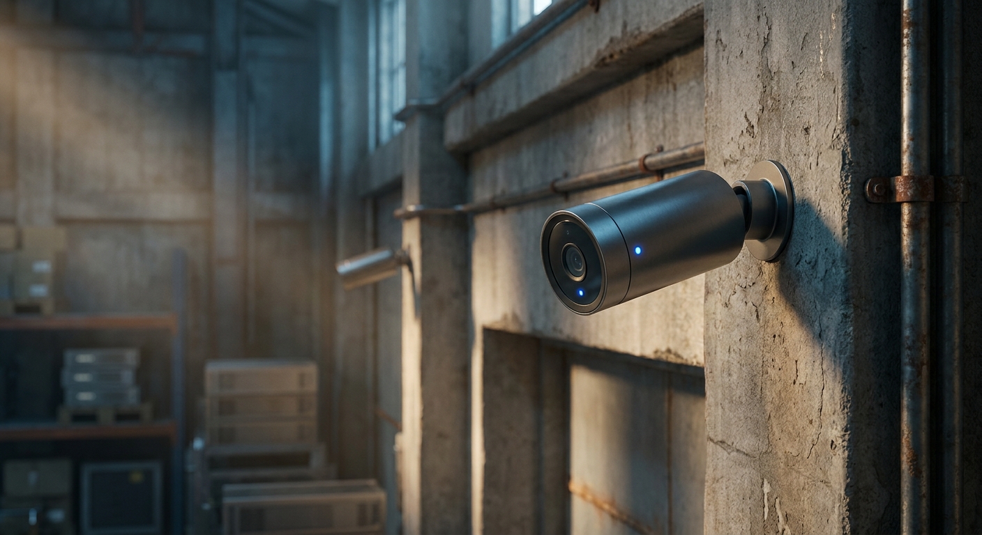 Enterprise security camera mounted in an industrial warehouse