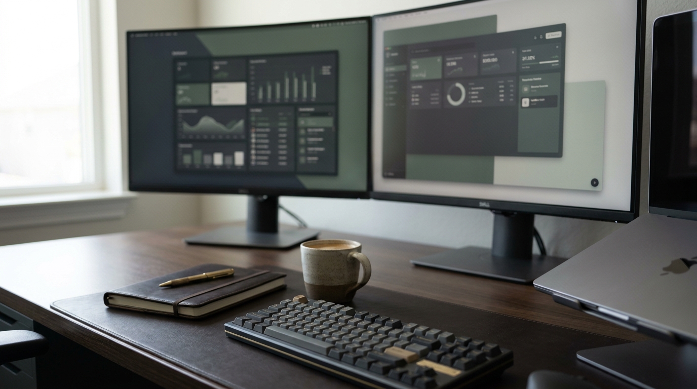 Modern office desk with dual monitors displaying data dashboards
