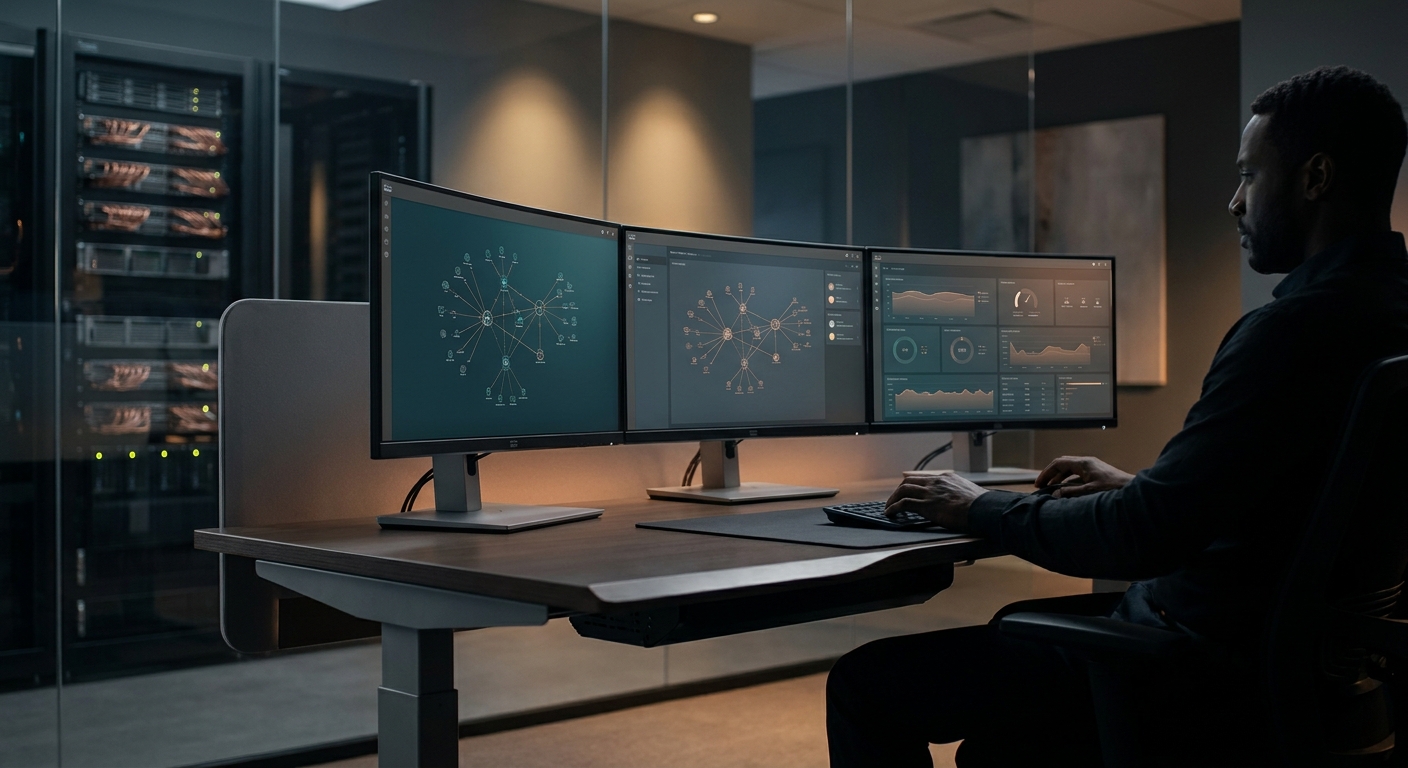 Modern IT management workstation showing network monitoring dashboards