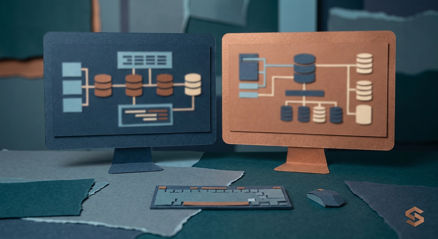 Data architecture diagrams on a workstation monitor