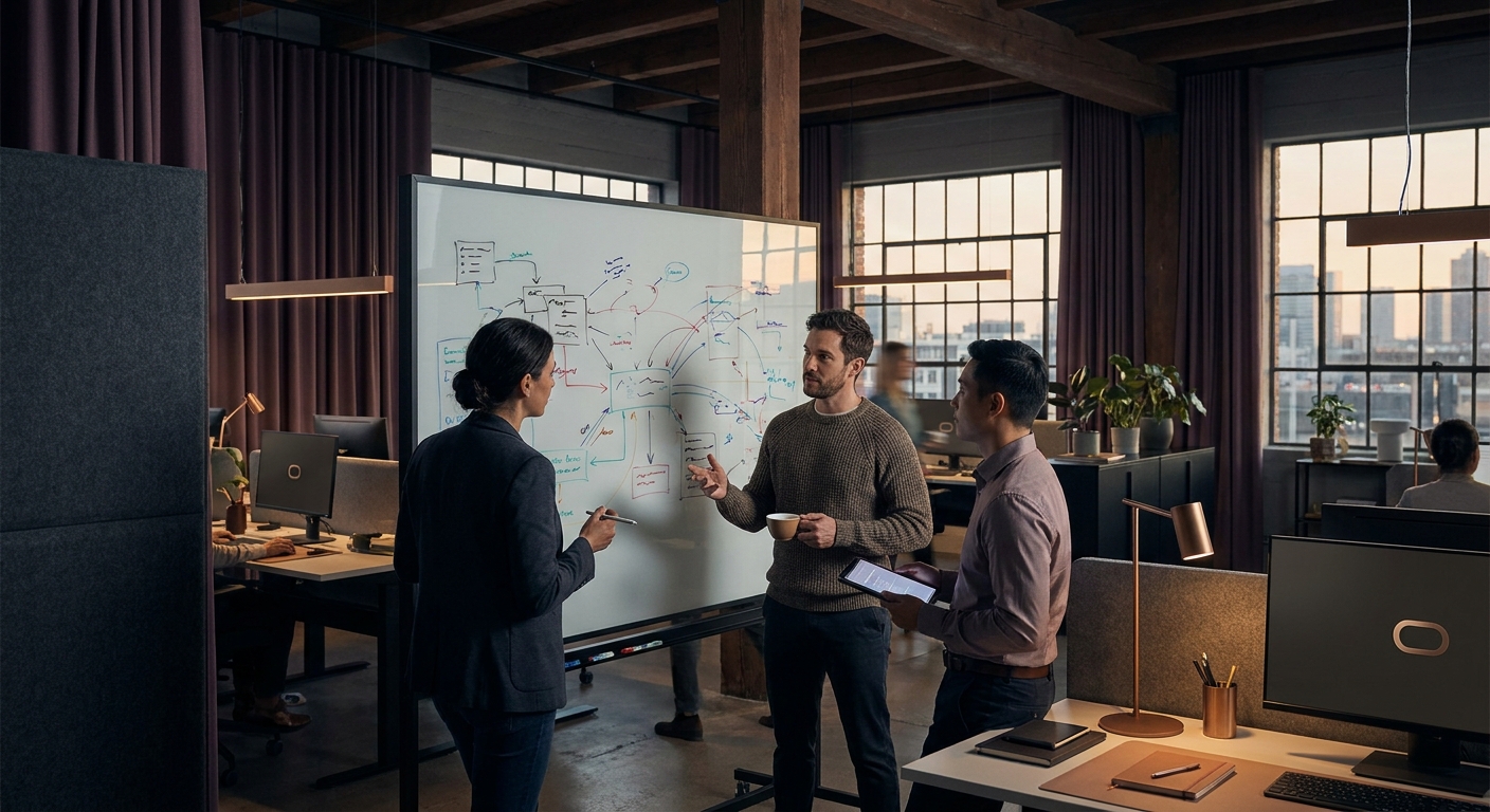 Engineers mapping out software architecture on a glass whiteboard