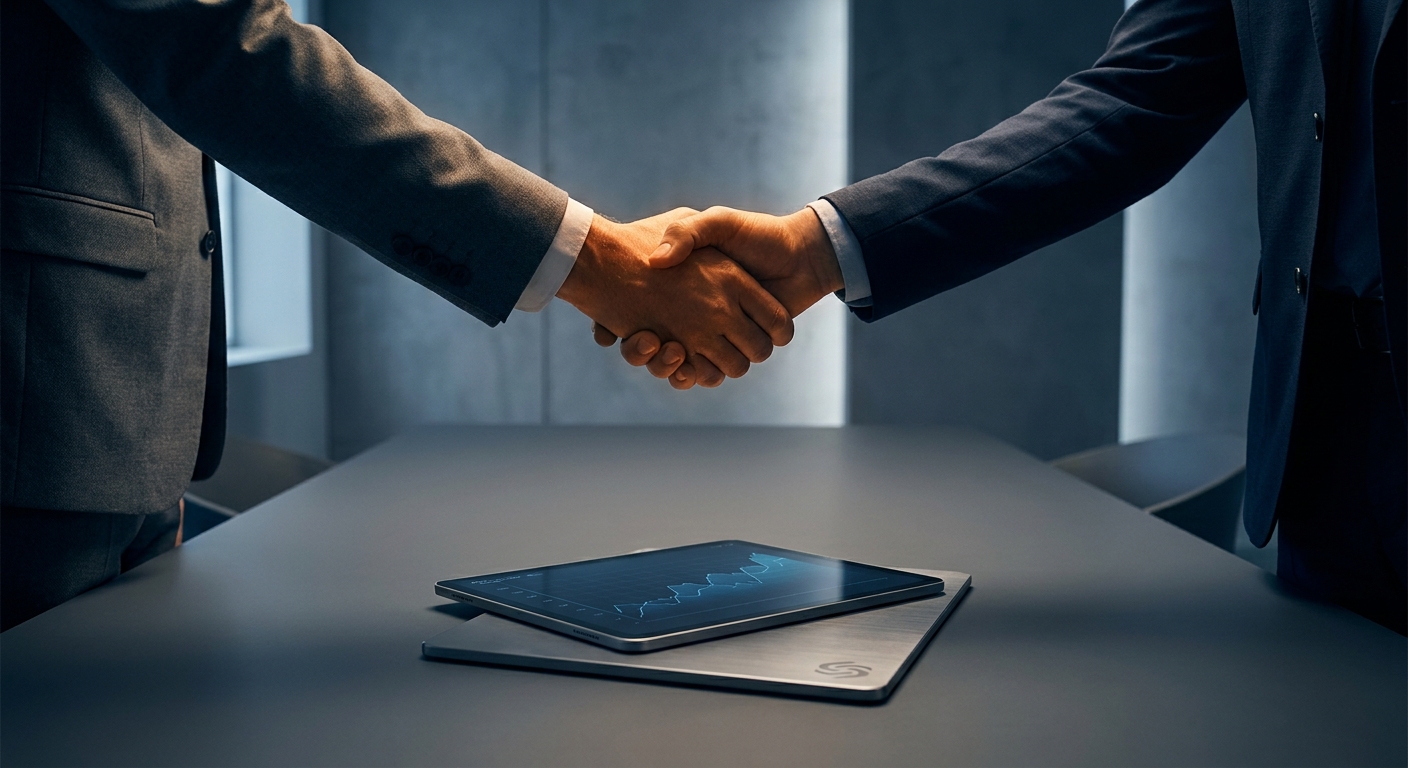 Two professionals shaking hands over a business agreement.