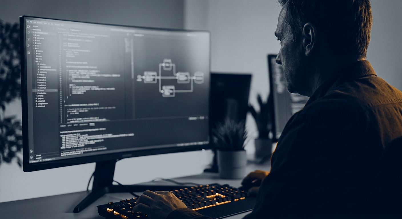 Senior architect reviewing complex software deployment pipelines