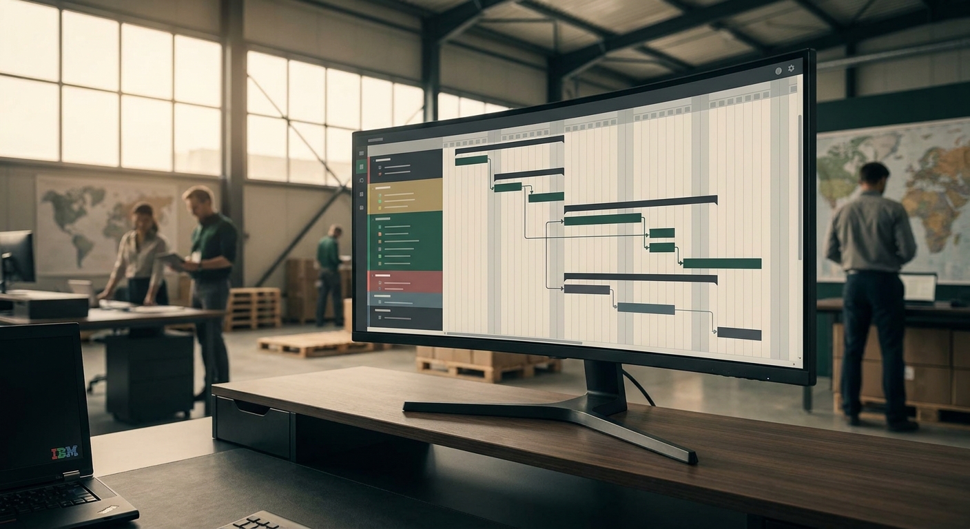 A complex customizable planner system interface on a large monitor in an office setting.