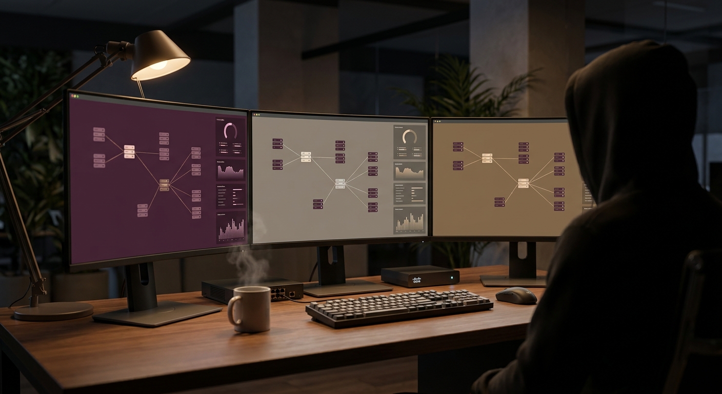 Multi-monitor workstation displaying network monitoring dashboards