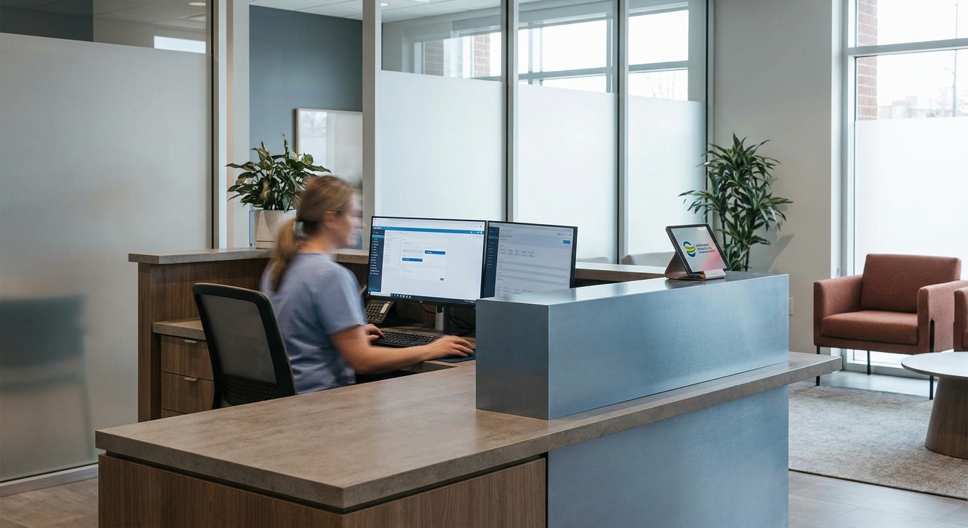 Modern medical clinic front desk showing administrative workspace