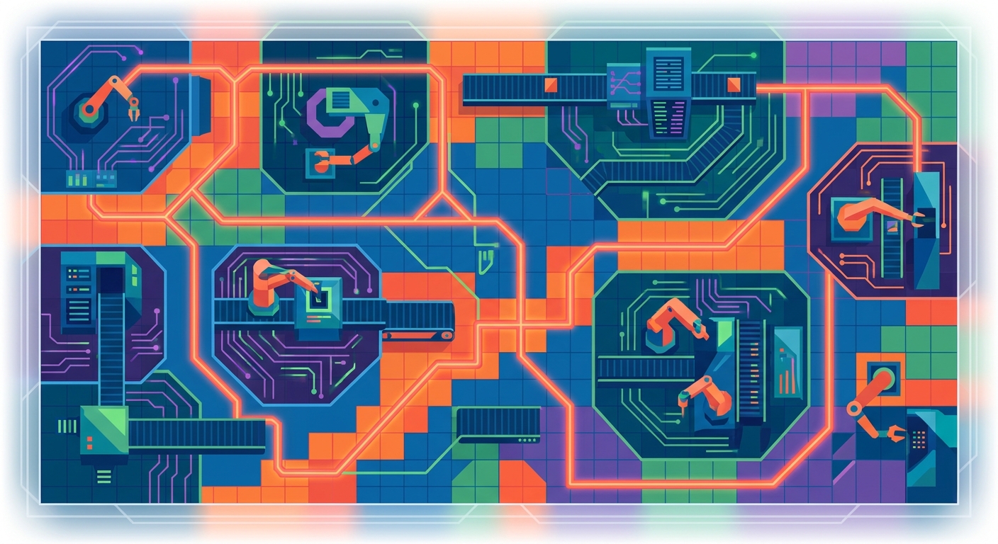 Top-down view of a factory floor layout with routing lines