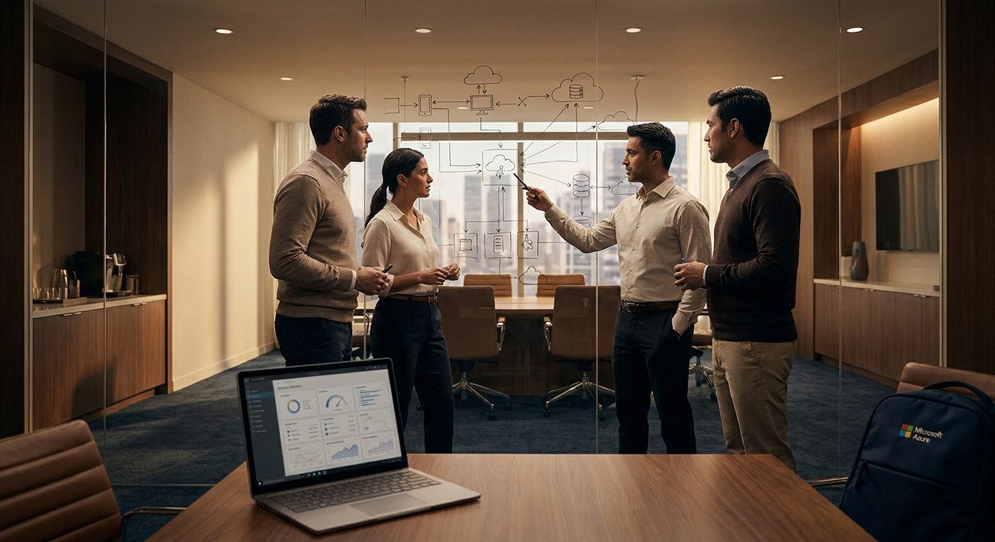 Engineers planning enterprise software architecture on a glass wall