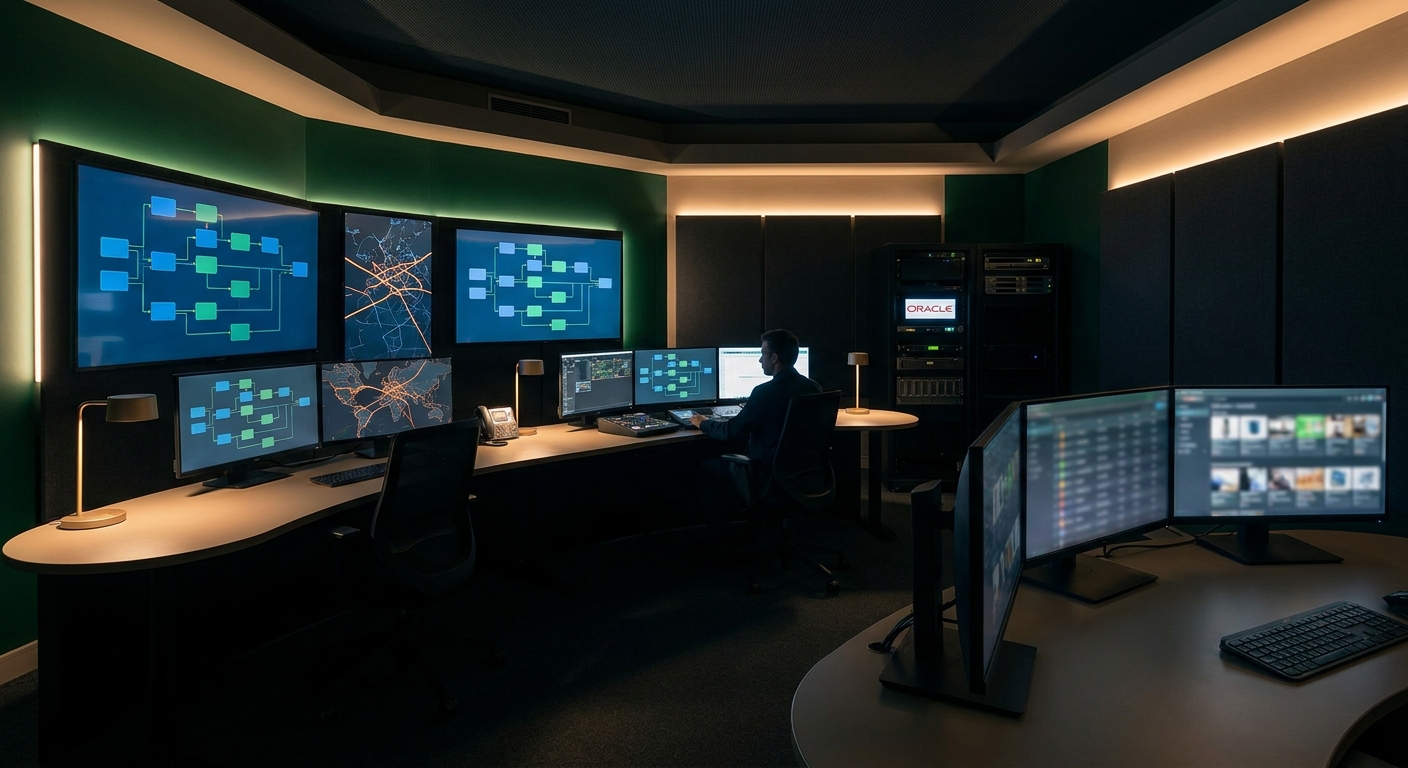 Multiple screens in a control room displaying complex scheduling and resource management data.