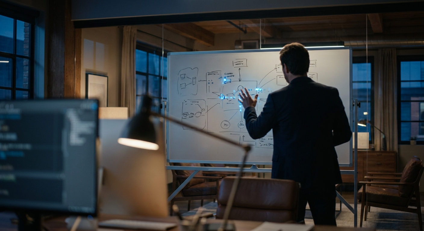 Software architect designing an IT solution on a whiteboard