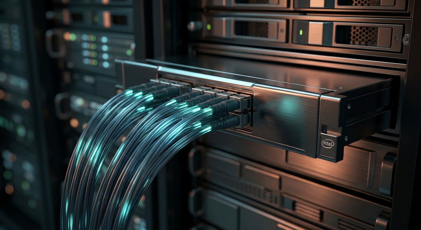 Fiber optic cables connecting to a server blade representing system integration