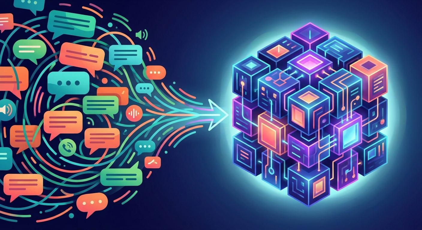 Abstract visualization of unstructured chat data being organized into a central knowledge graph.
