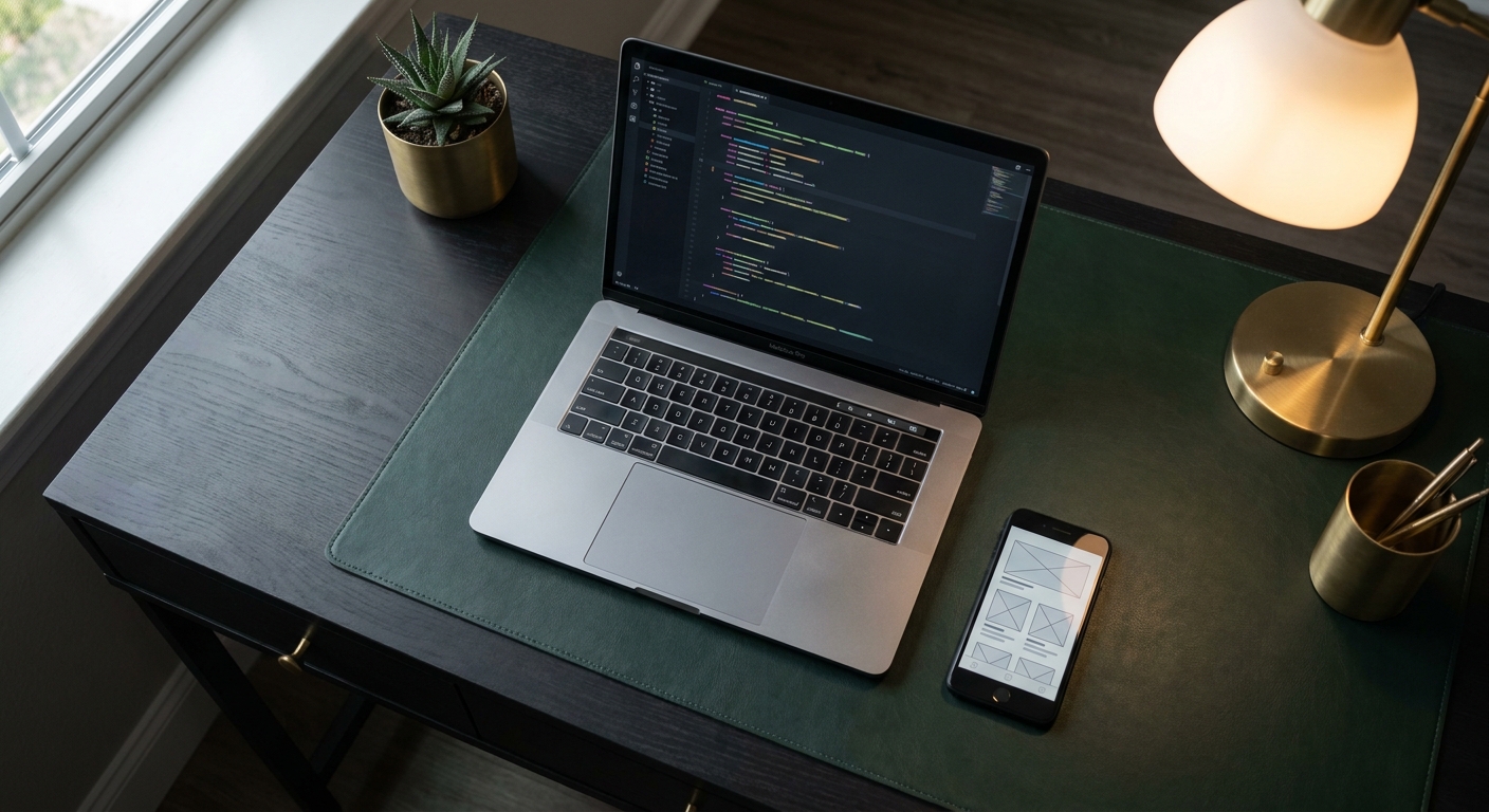 Mobile app development workspace showing wireframes and code
