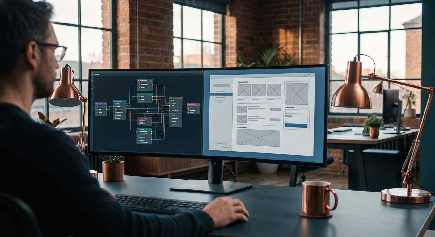 E-commerce software development environment showing API code and checkout wireframes