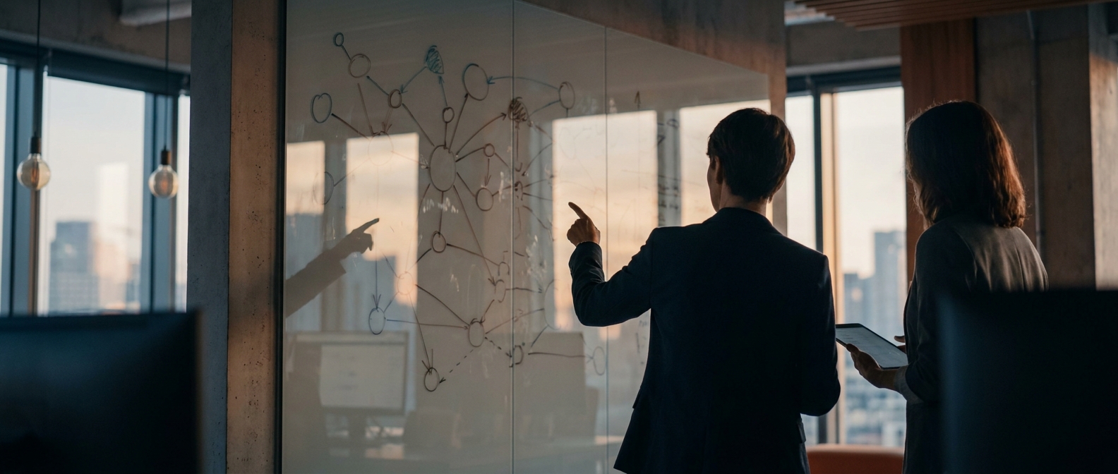 Professionals mapping out system architecture on a glass whiteboard